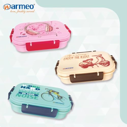 WARMEO Wonder Insulated Tiffin Box, 3 Compartments with Locking Lid and Steam Valve, Blue | Food Grade | Inside Steel | School |